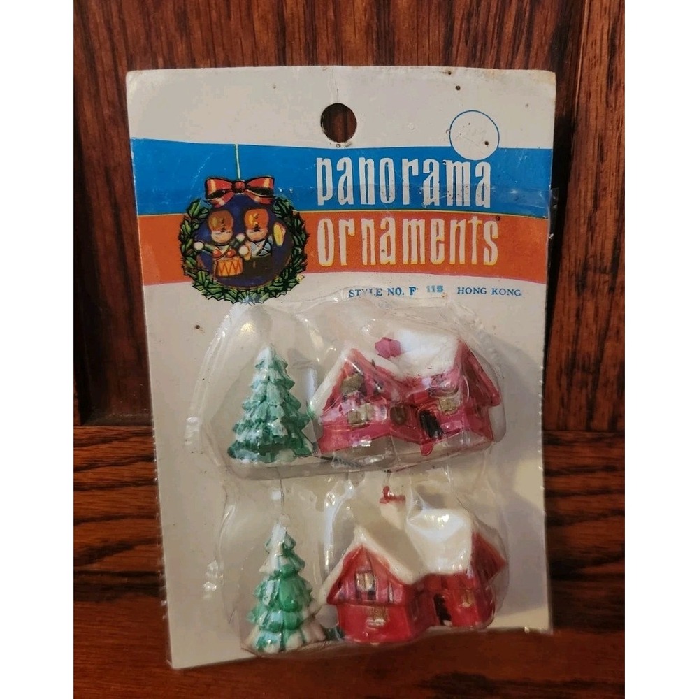 NOS Vintage Panorama Ornaments Made In Hong Kong Style Number F113 House Tree
